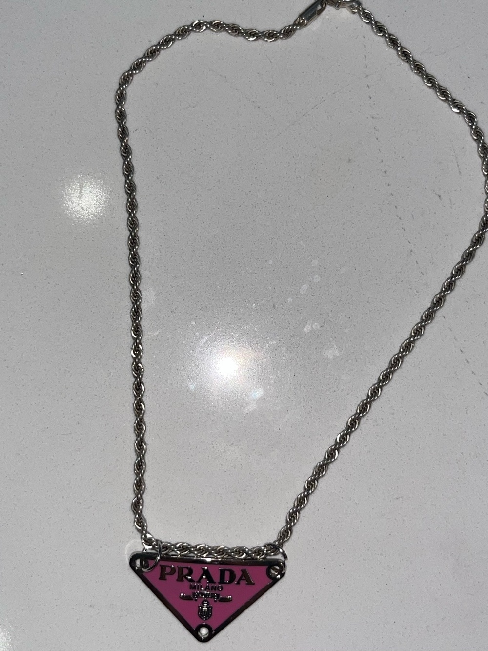 Prada Silver Chain with Pink Triangle Logo Pendant